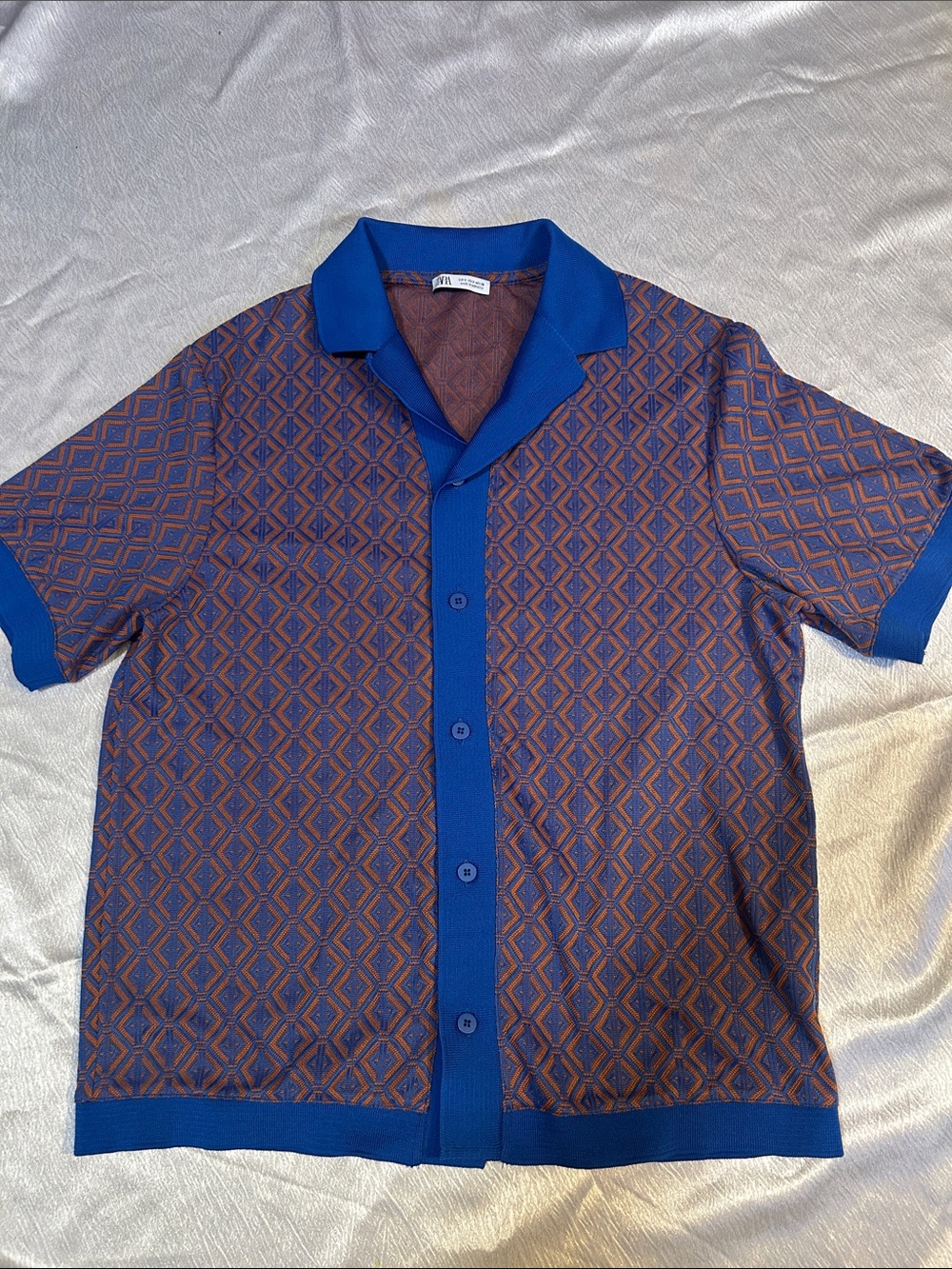 Men's Geometric Short-Sleeve Button Shirt - Blue & Brown